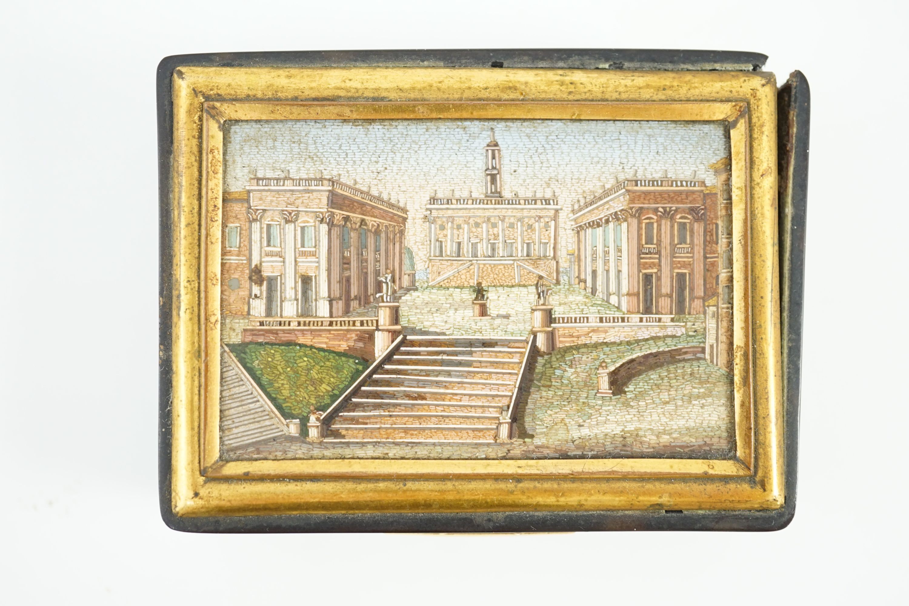 A 19th century French micro mosaic topped gold mounted tortoiseshell snuff box, 8.5 x 6.25cm, 2.5cm high